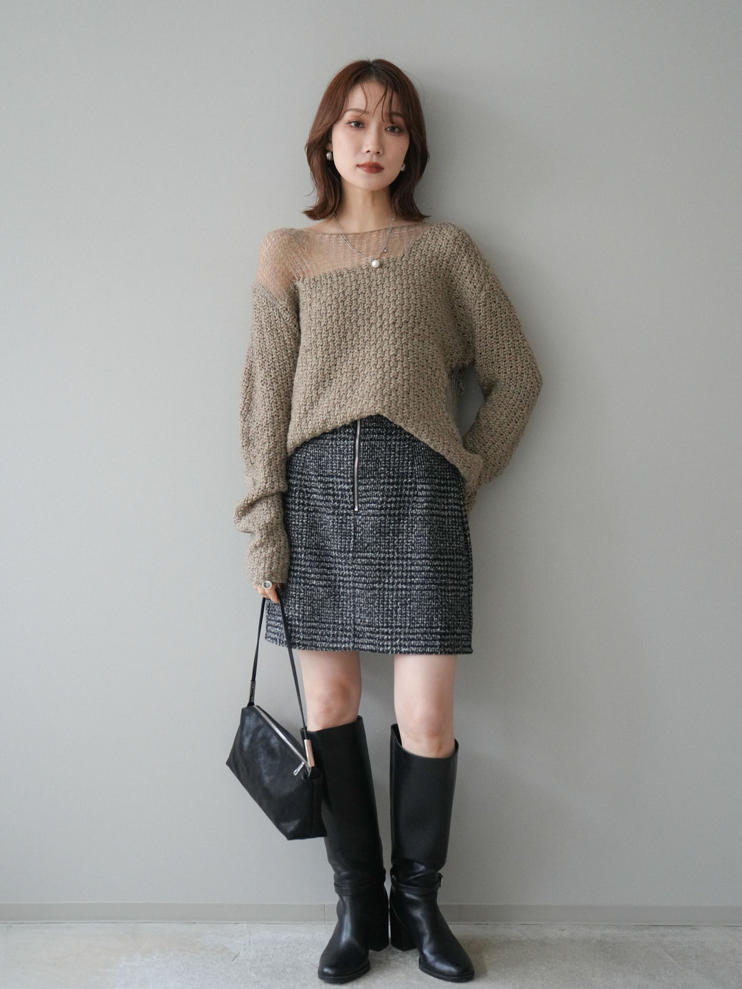 [予約]フロントZIPアソート柄ミニスカート/black