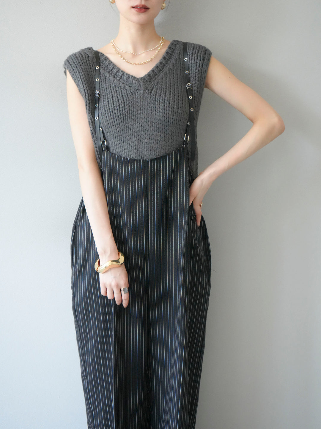 [予約]ヘリンボーンストライプサロペット/ブラック