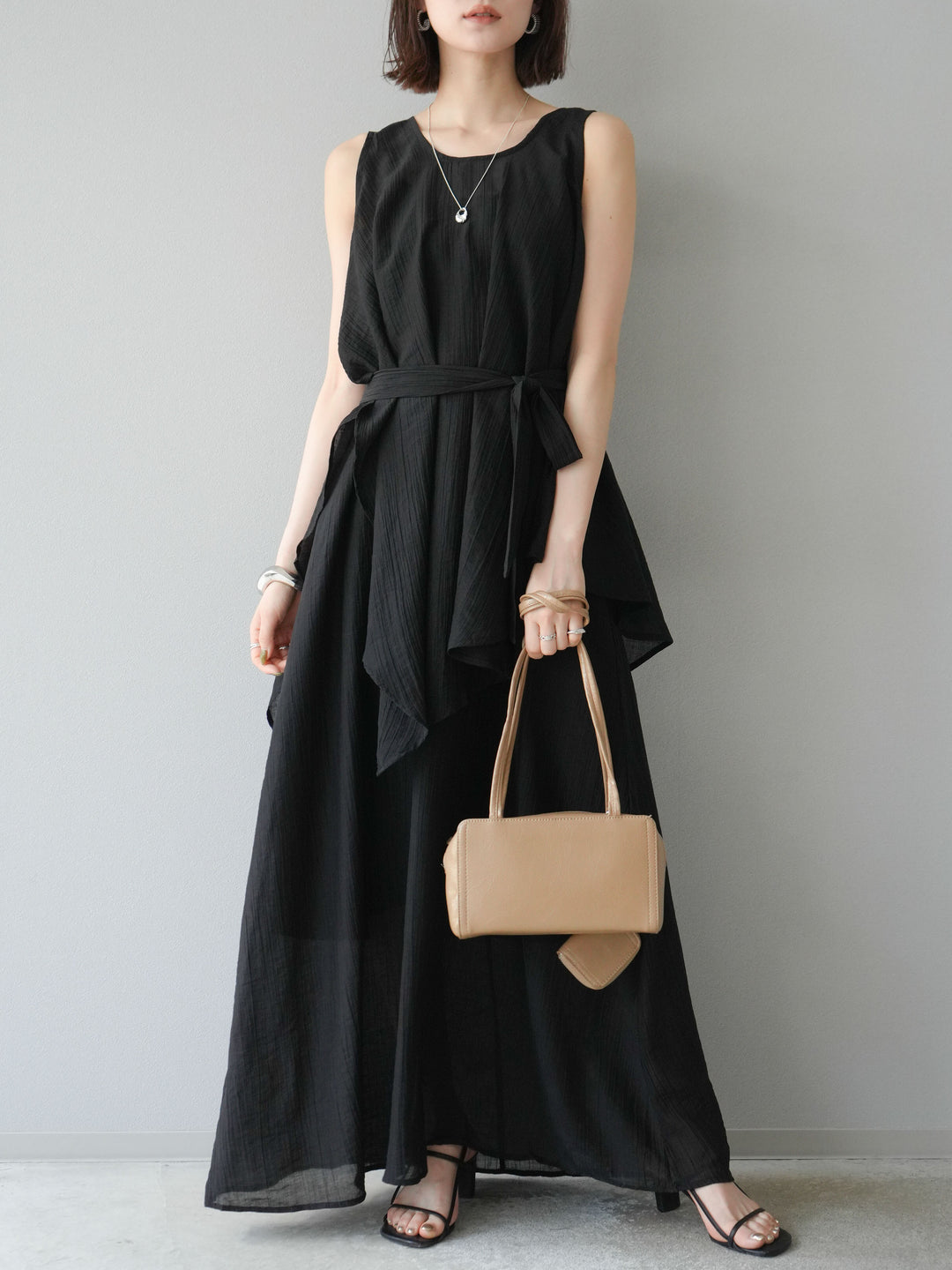 [SET]ワッシャーシアーアシメブラウス＆キャミワンピース+選べるアクセセット(2set)