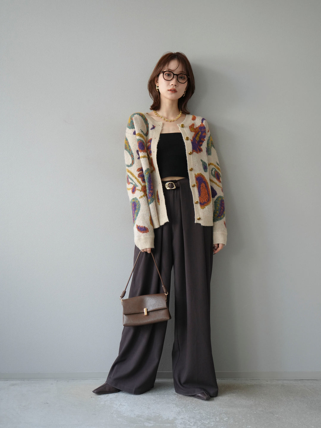 【着回しセット】[SET]求心柄クロップドニットカーディガン+ミックスヤーンペイズリー柄ニットカーディガン+ベルトループデザインワイドパンツ(3set)
