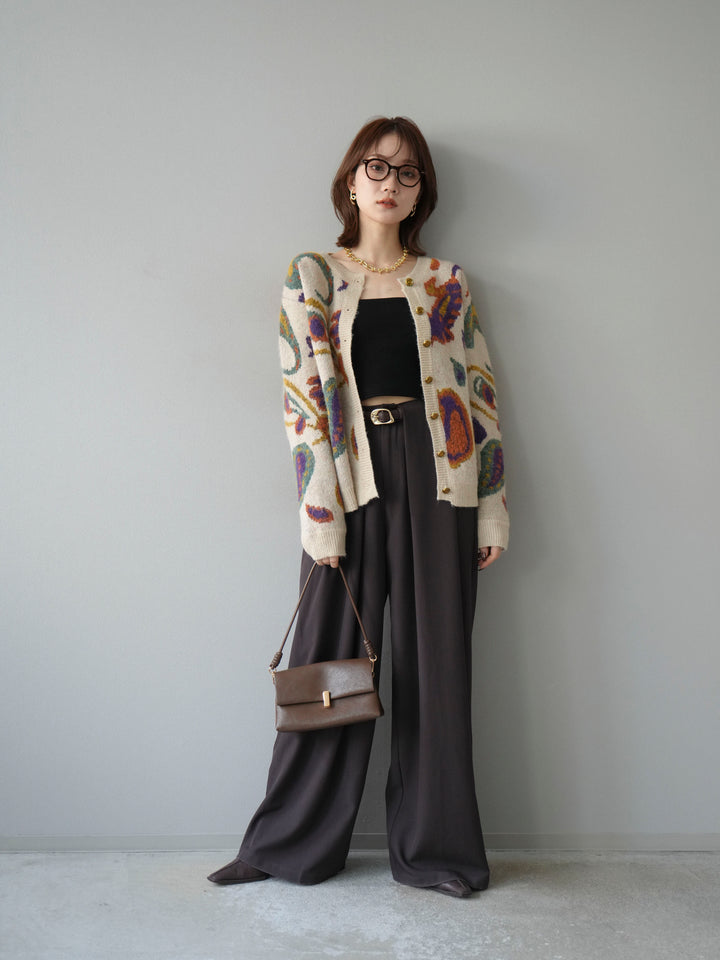 【着回しセット】[SET]求心柄クロップドニットカーディガン+ミックスヤーンペイズリー柄ニットカーディガン+ベルトループデザインワイドパンツ(3set)