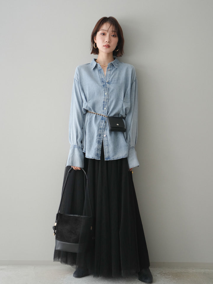 [SET]テンセルデニムタックシャツ+チュールボリュームスカート(2set)