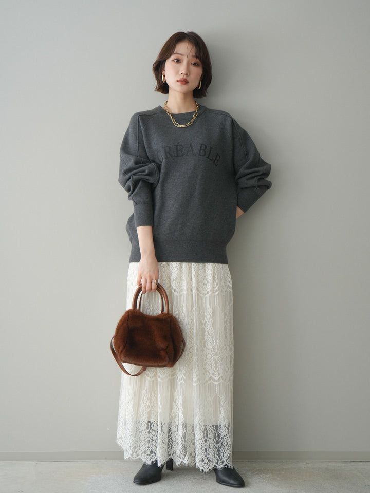 [予約]半ラバープリントロゴスウェットライクニットプルオーバー/mokucharcoal