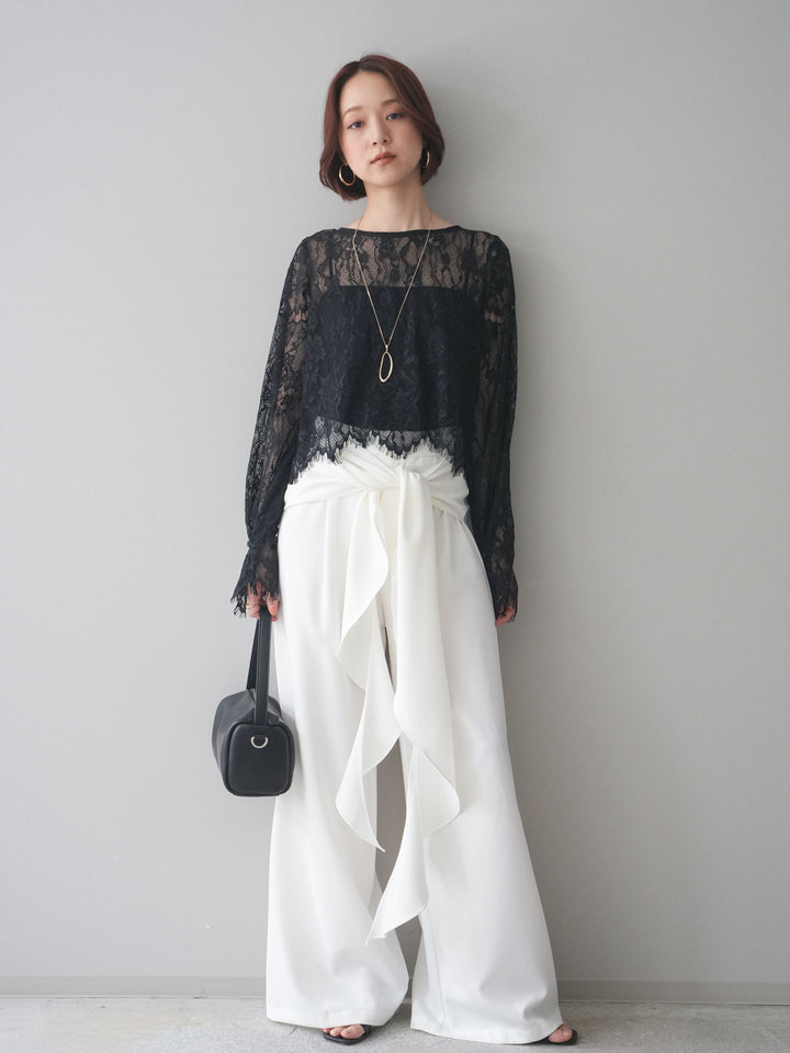 [SET]2WAYスリーブレーストップス+ラッフルベルトワイドパンツ(2set)