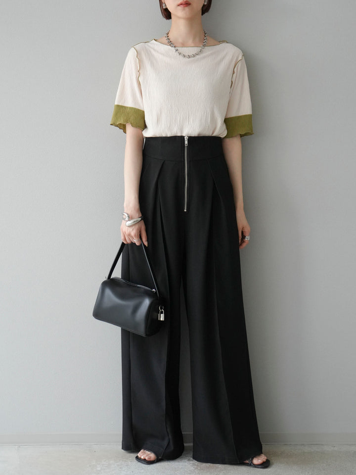 [SET] 百褶同色船領套頭衫 + 拉鍊褶襉寬褲 (2 套)
