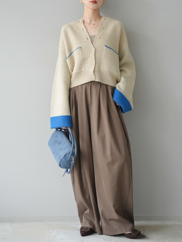 【SET】雙色針織開襟衫+褶襉設計寬褲（2套）