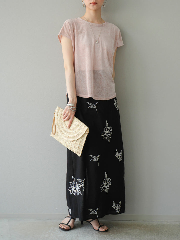 [予約]フラワー刺繍ナロースカート/ブラック