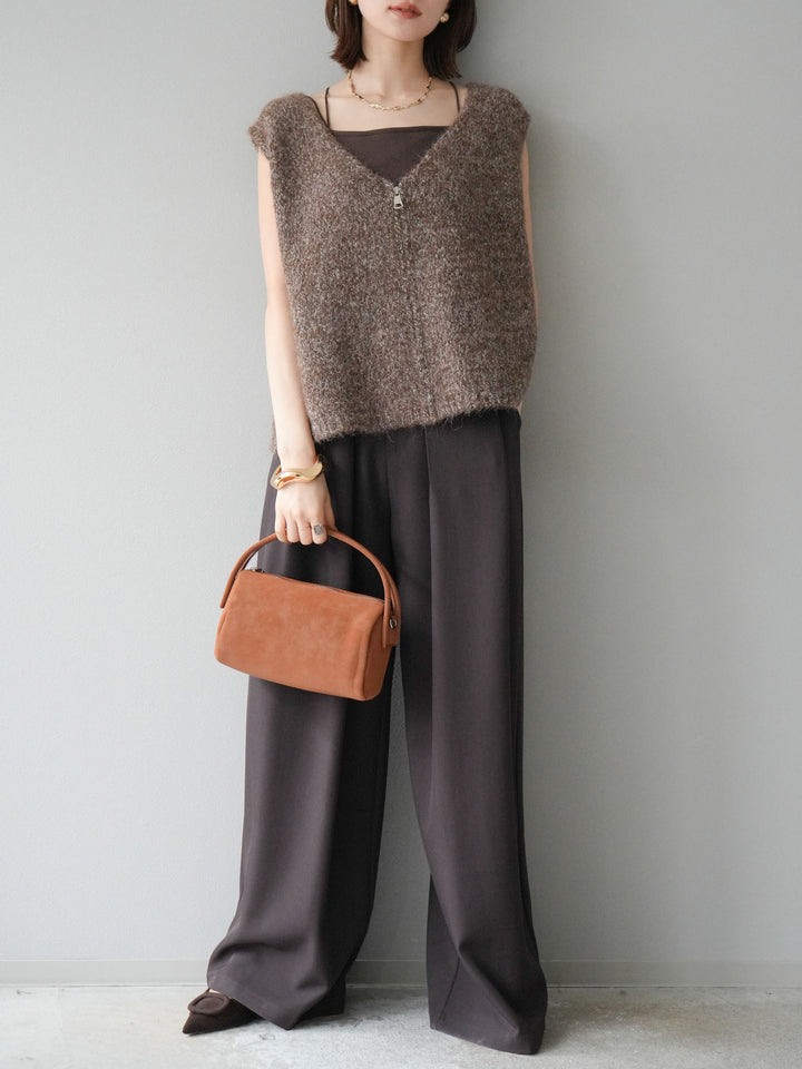 【預購】皮帶環設計寬褲/棕色