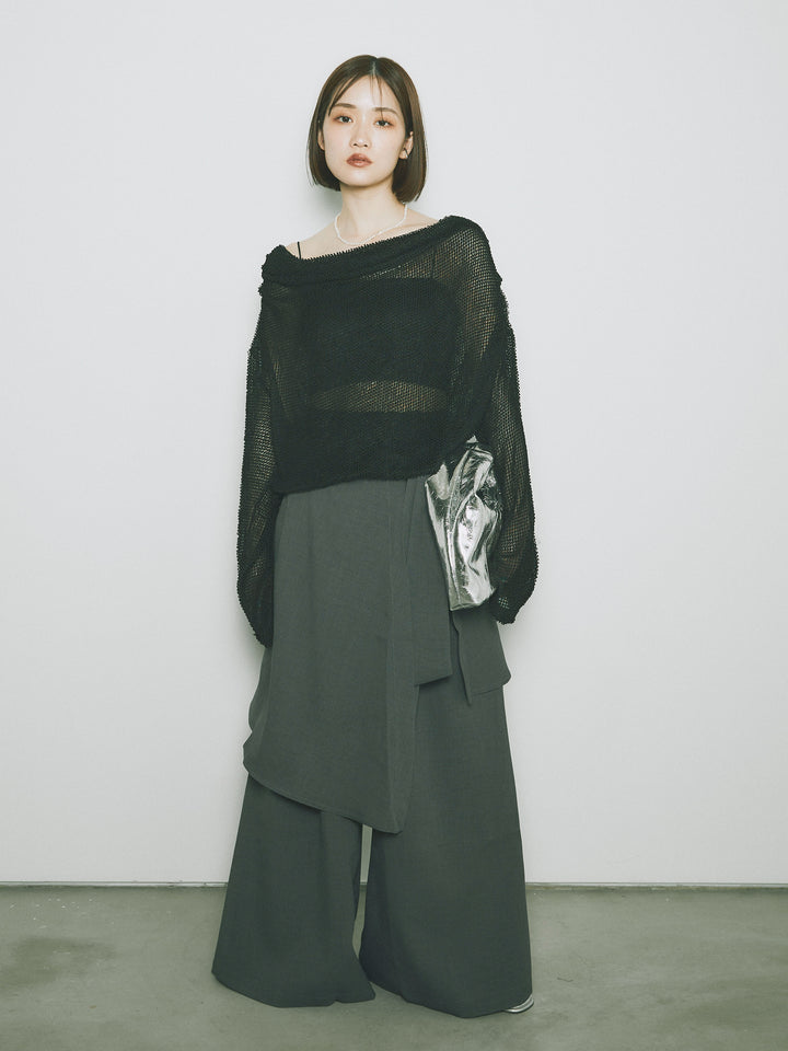 [SET] 後背垂墜網眼套頭衫+亞麻觸感裹身寬褲（2件套）