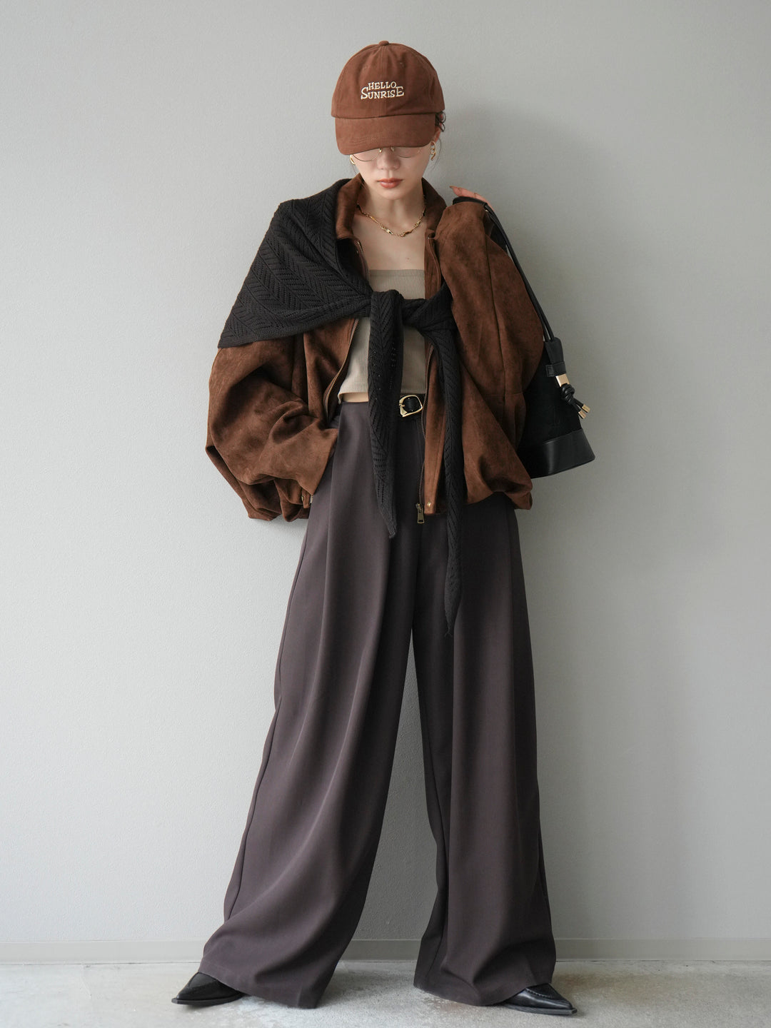 [SET] 麂皮外套+皮帶環設計寬褲（2套）