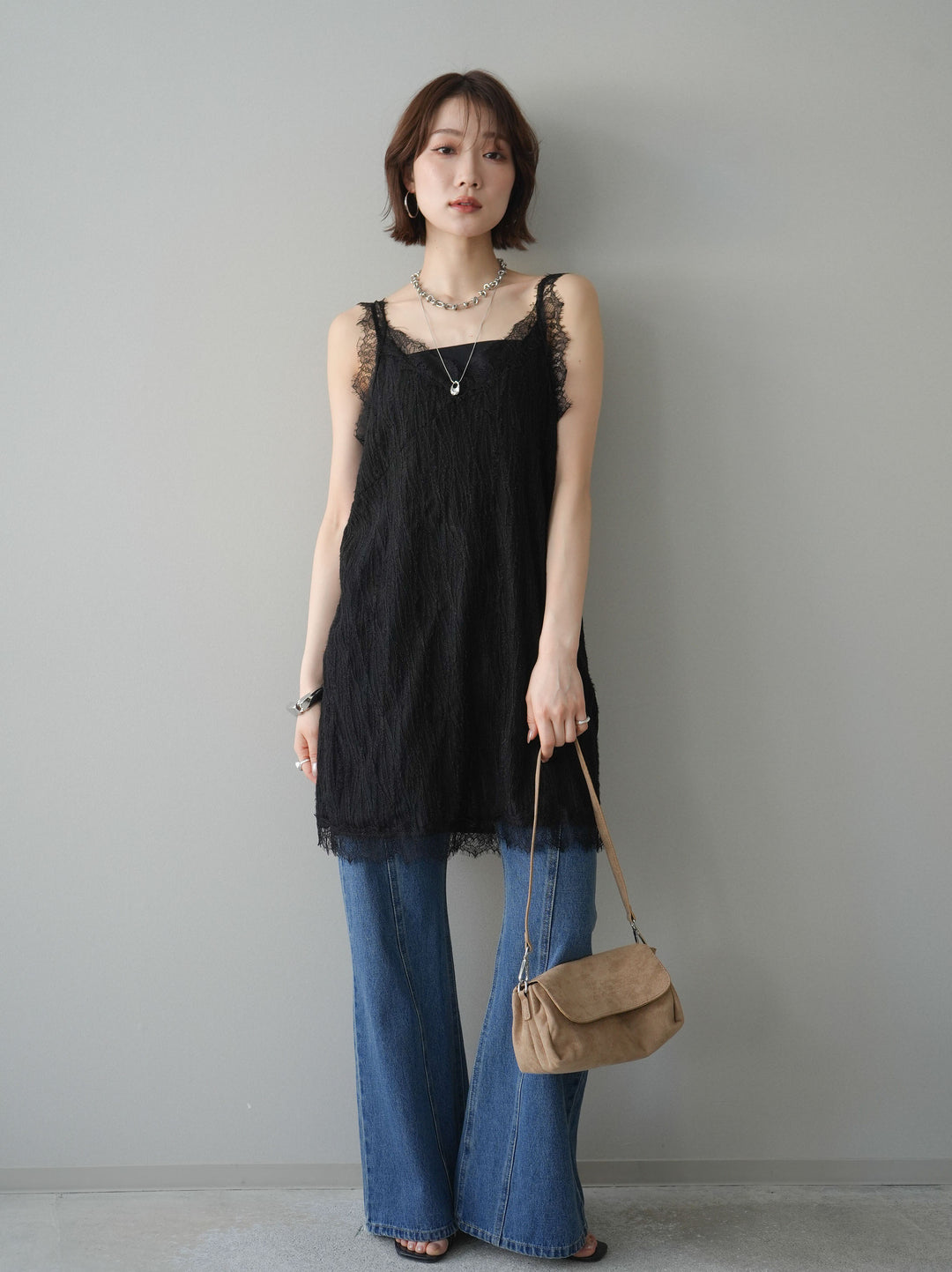 [予約]レース切替ジャガードニットロングキャミソール/black