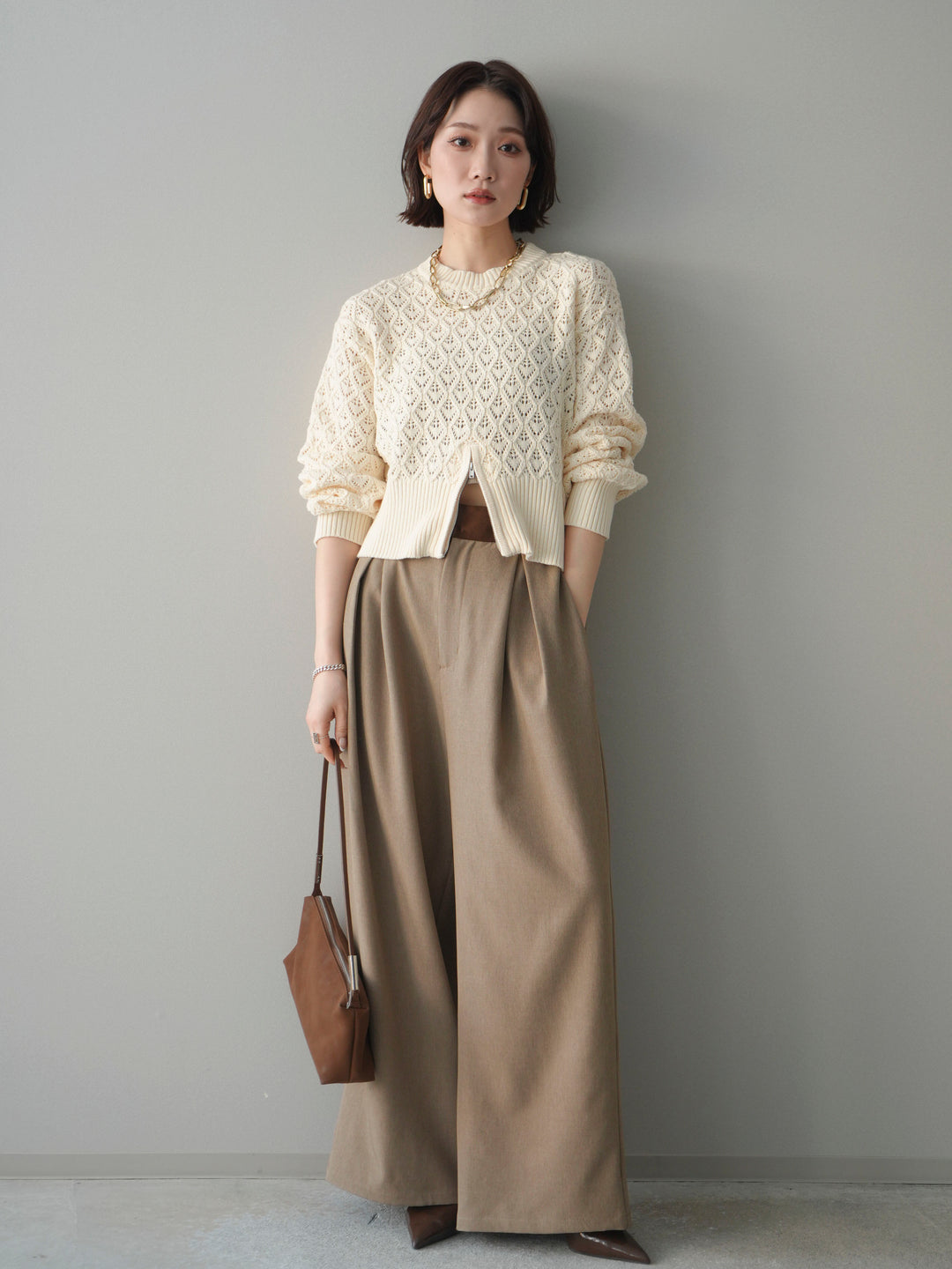 [予約]透かし編みフロントジップスリットニットプルオーバー/ivory