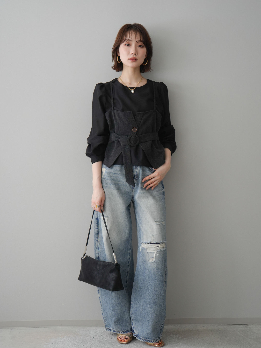 [SET]異素材ビスチェドッキングブラウス+ダメージデニムセミワイドパンツ(2set)