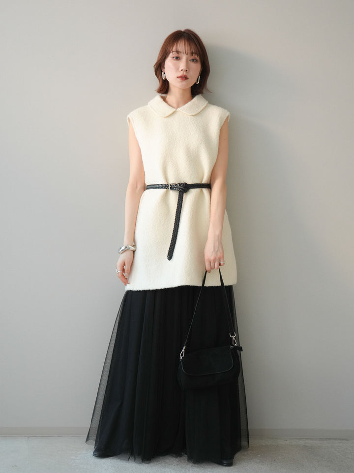 [SET]襟付きブークレミニワンピース+チュールボリュームスカート(2set)