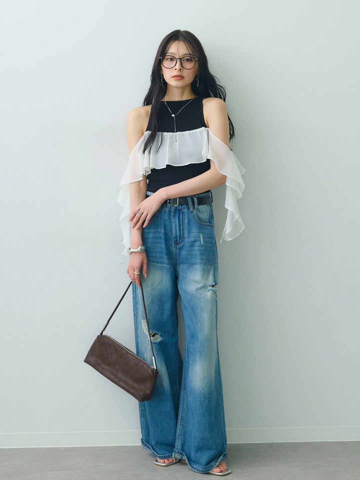 [予約]シフォンフリルドッキングノースリニットトップス/black