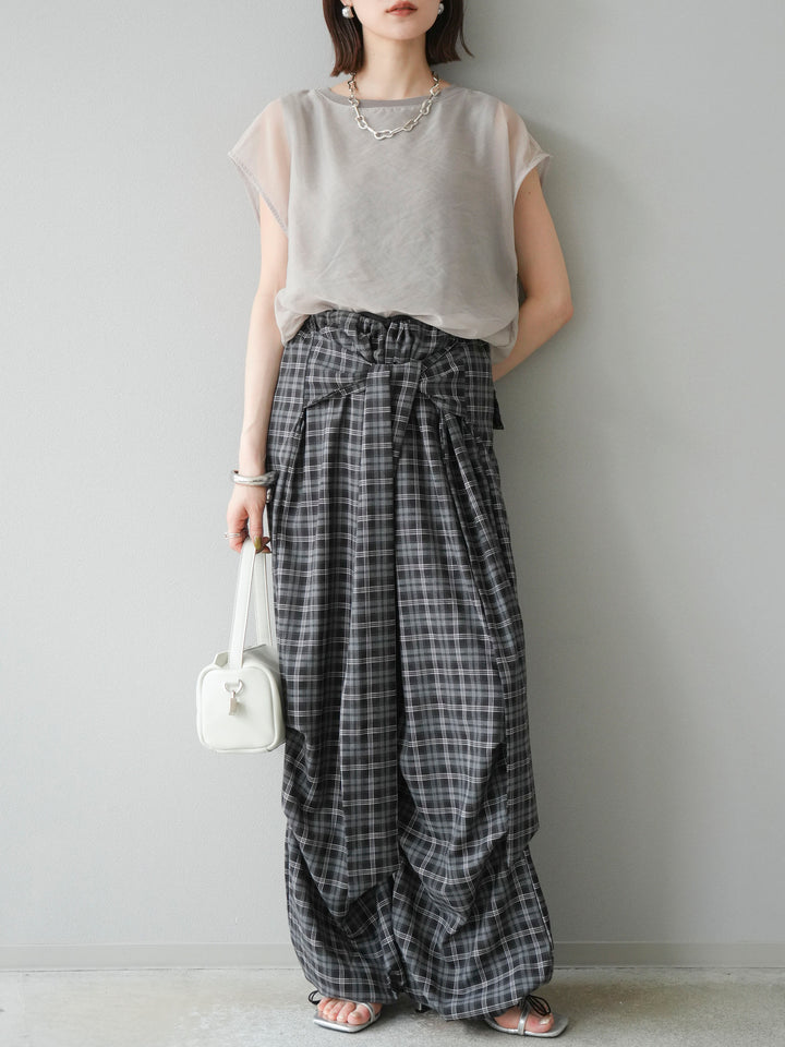 [予約]チェック柄ウエスト巻きドロストパンツ/ブラック