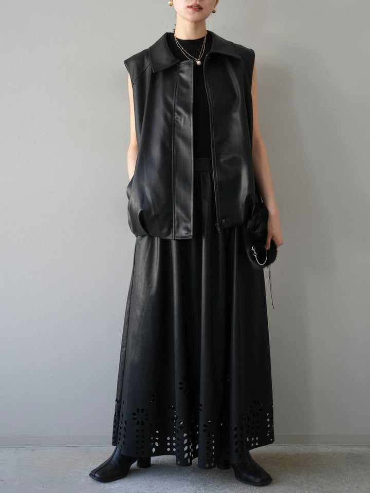 [予約]タックヘムレザーベスト/ブラック