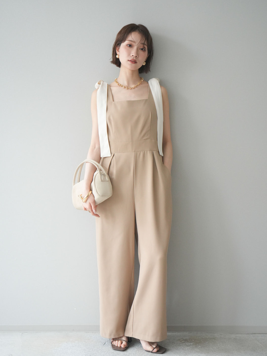 [予約]ショルダーリボンサロペット/beige