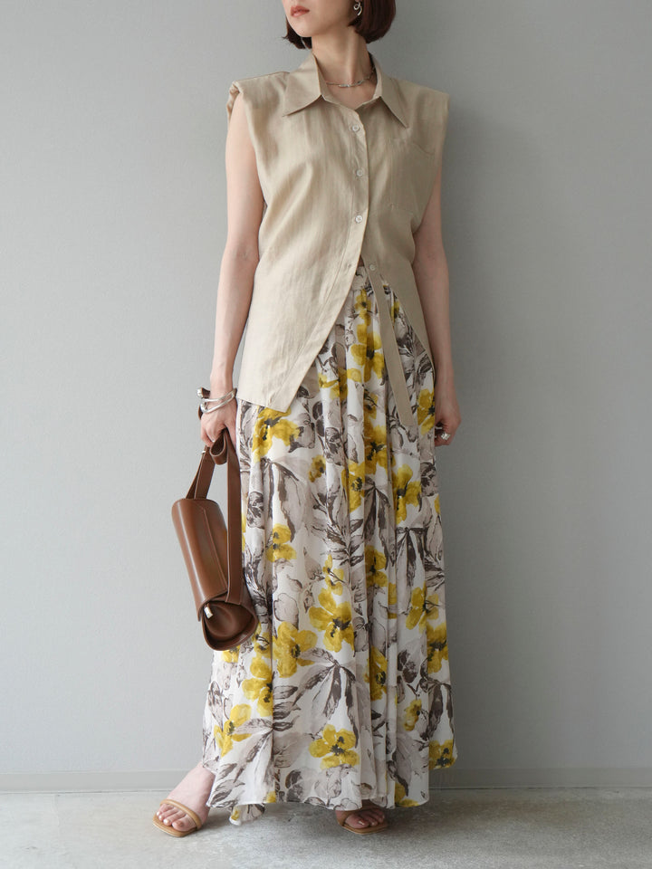 [予約]フラワープリントボリュームフレアスカート/イエロー