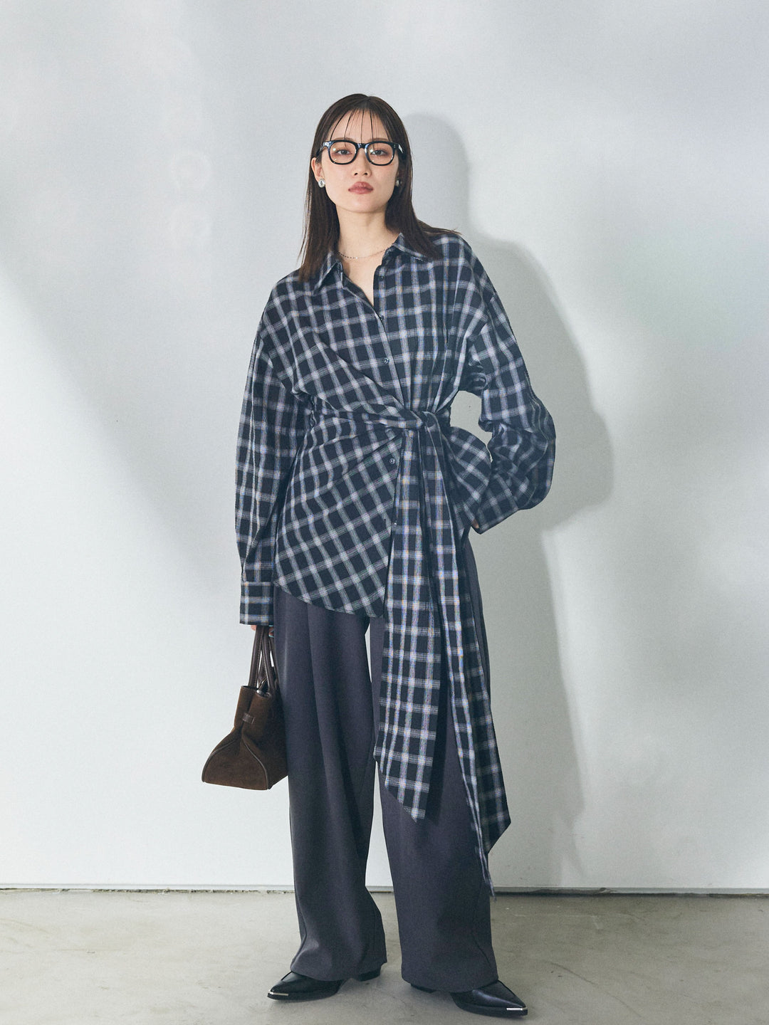 [予約]ウエストアシメリボンシャツ/blackcheck