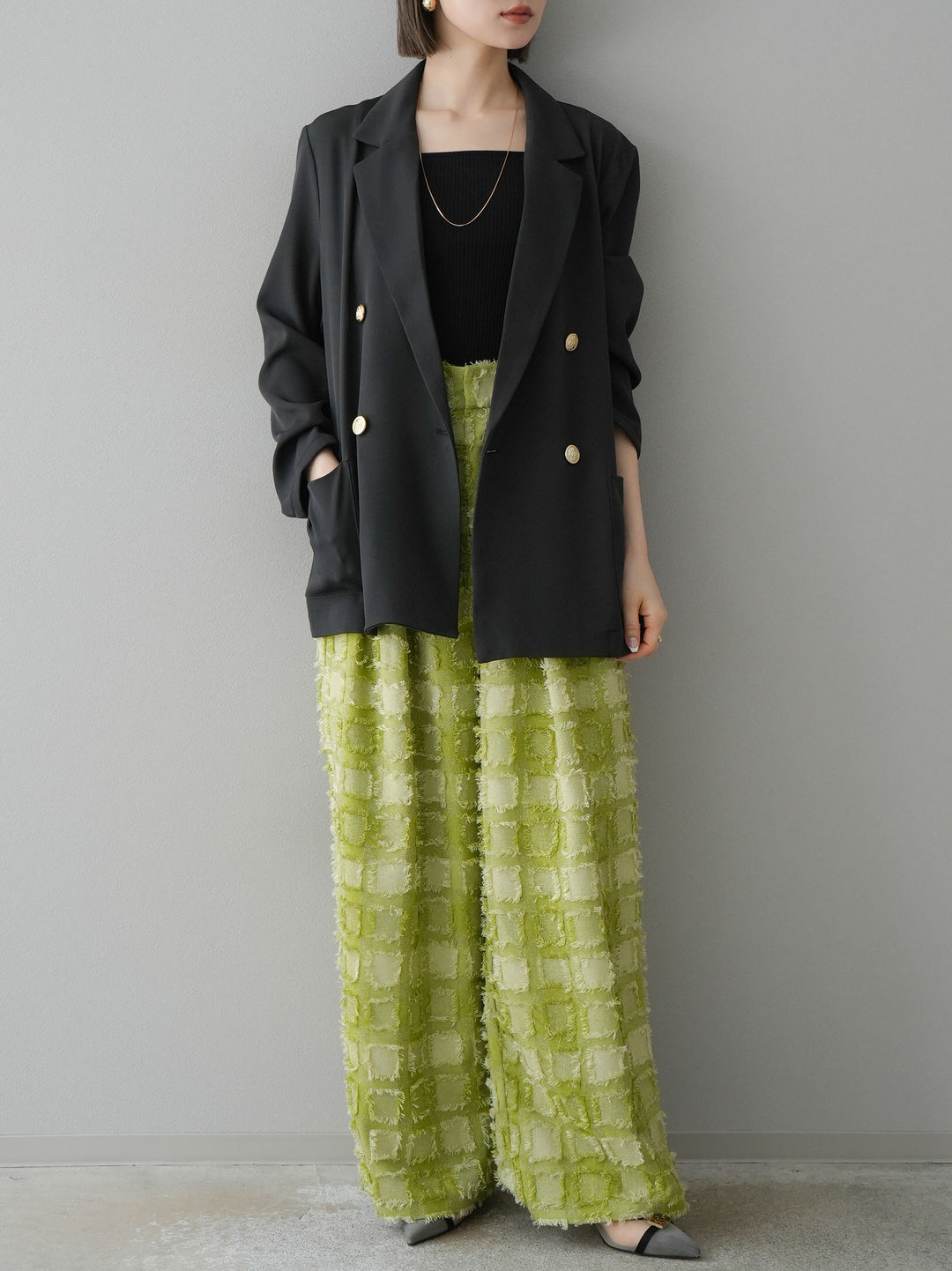 [預訂] 流蘇格紋提花長褲/綠