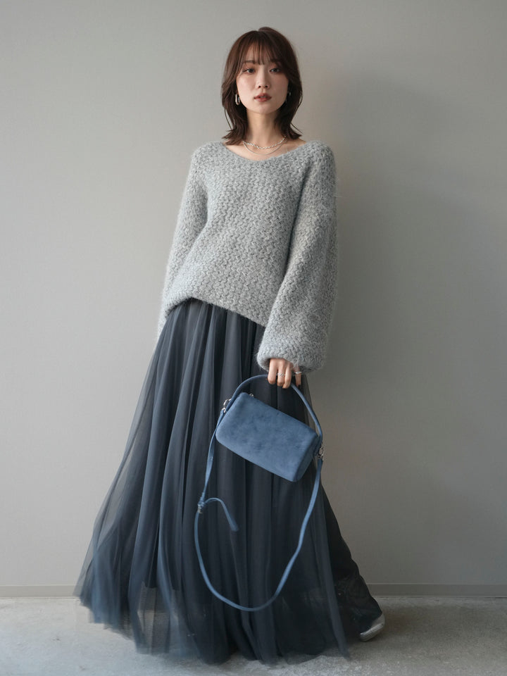 [SET]ウールタッチラメミックスヤーンVネックニットプルオーバー+チュールボリュームスカート(2set)