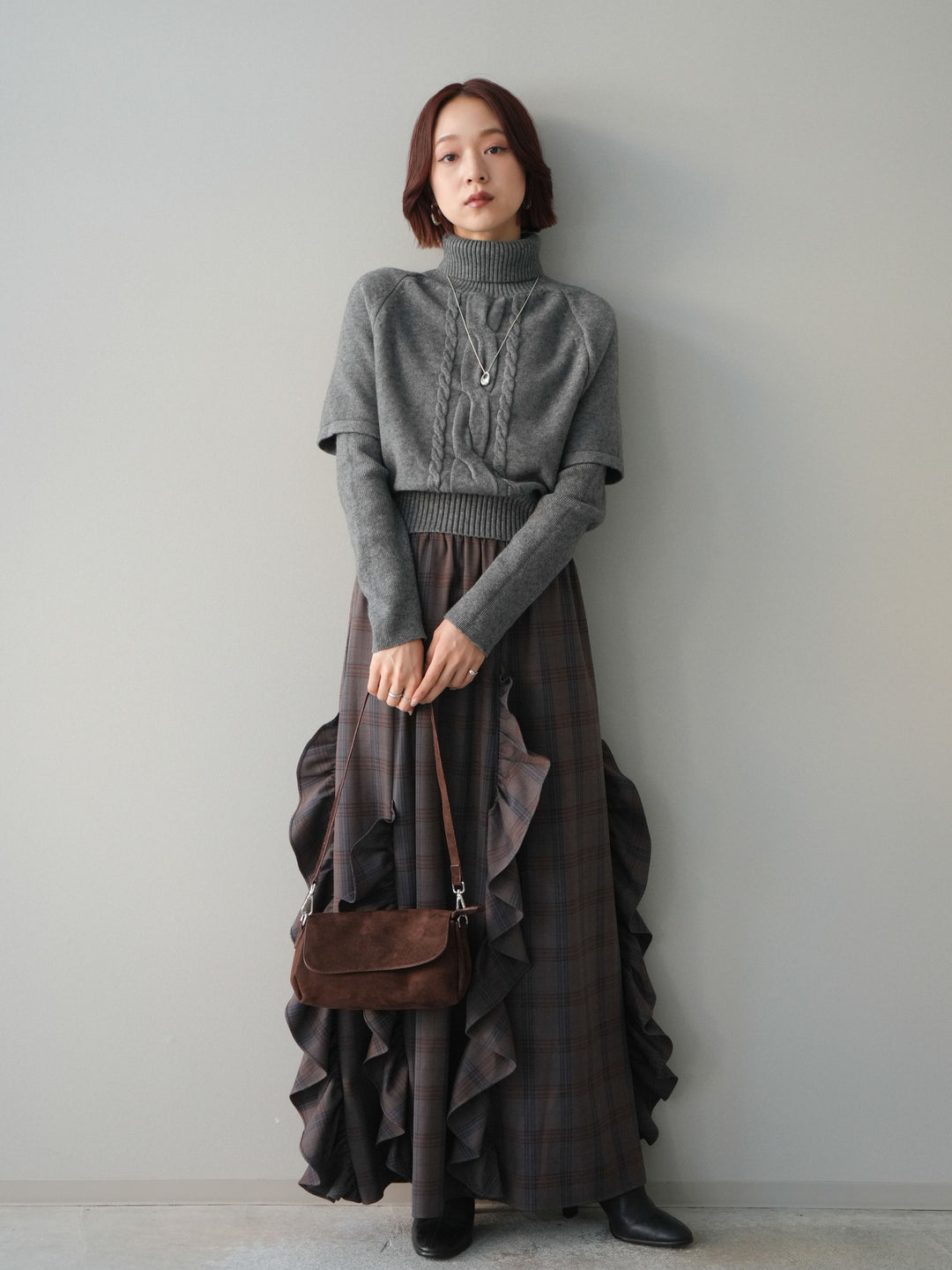 [予約]チェック柄フリルハイウエストマキシスカート/gray