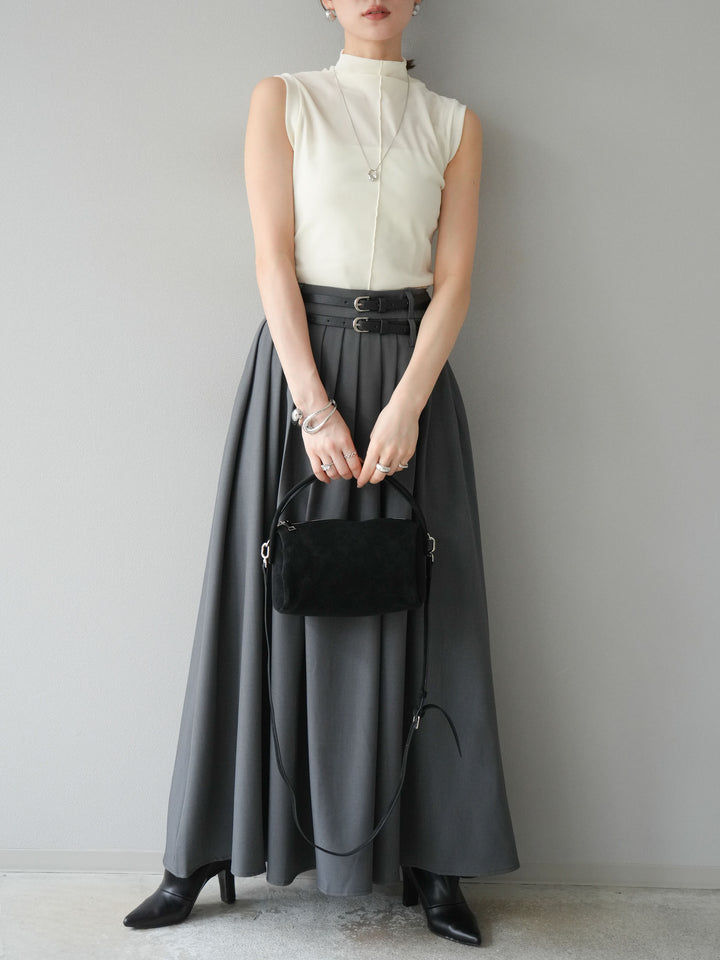 [SET]シアーベロアプチネックノースリーブトップス+エステルプリーツスリットスカート(2set)