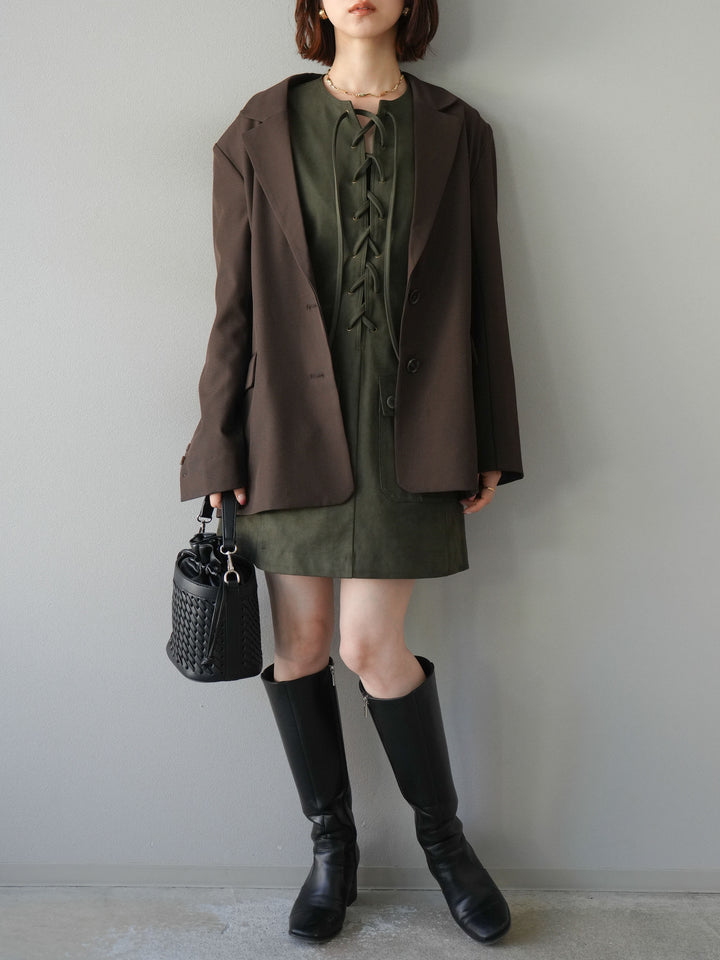 [予約]レースアップスエードミニワンピース/カーキ
