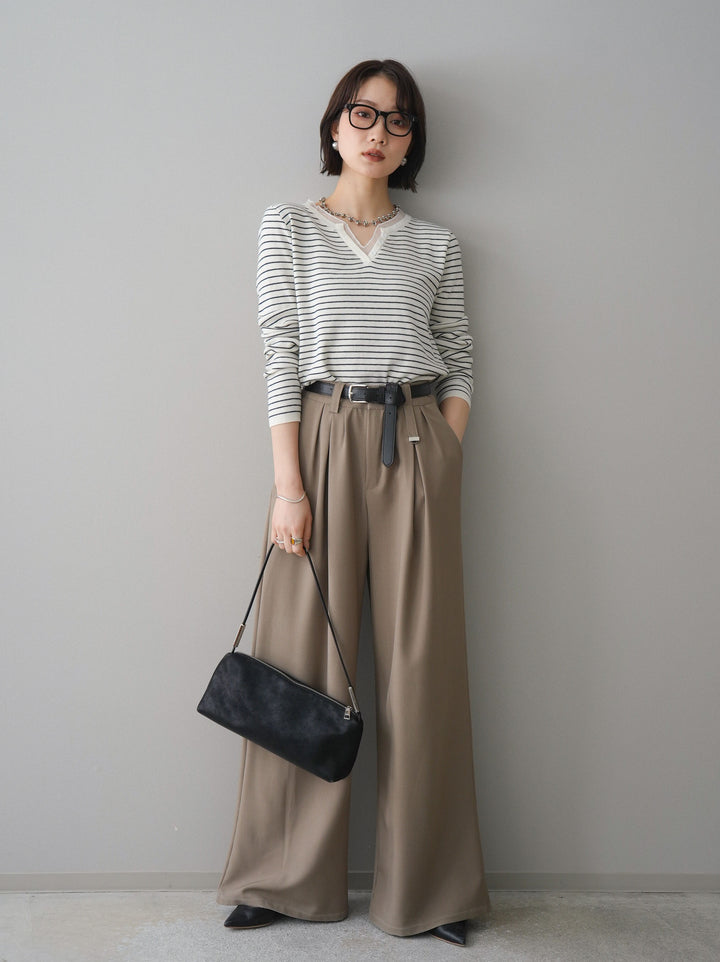 [SET]チュールレイヤードデザインボーダーニットトップス+ベルト付キーホルダーモチーフワイドパンツ(2set)