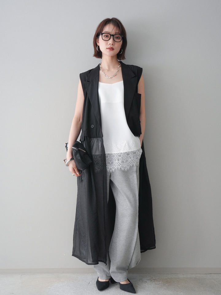 [SET]シアーレイヤードテーラードロングジレ+レーストリムキャミソール+2WAYデザインスウェットパンツ(3set)