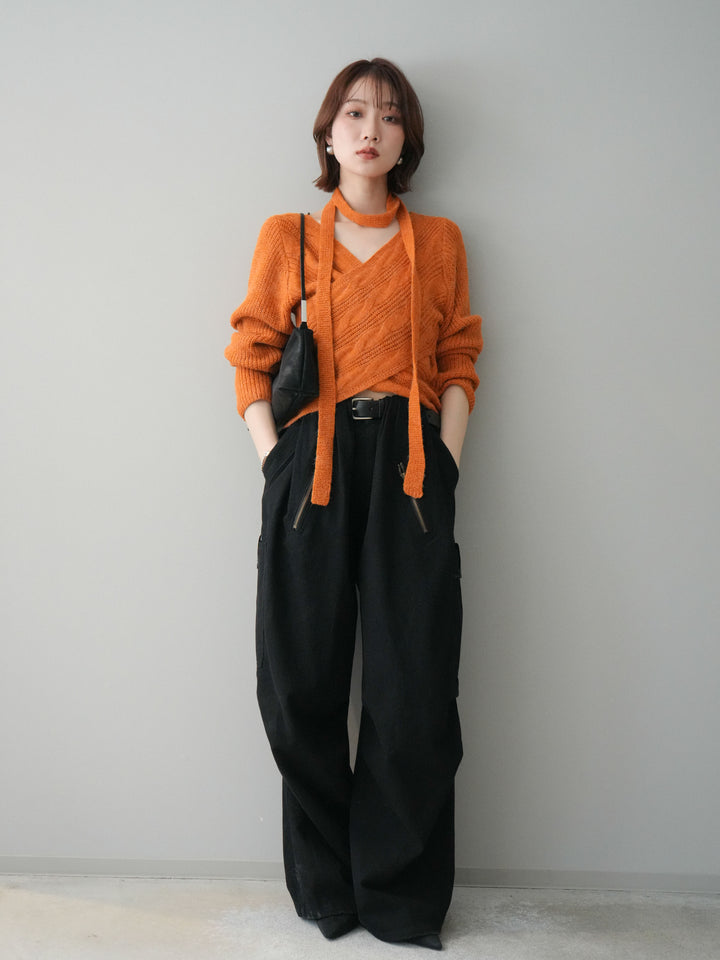 [予約]ケーブル編みクロスニットトップス/orange