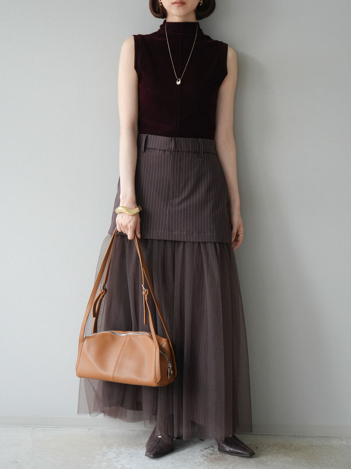 [予約]ストライプ切替チュールスカート/ブラウン