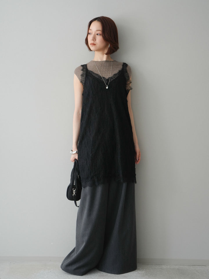 [予約]レース切替ジャガードニットロングキャミソール/black