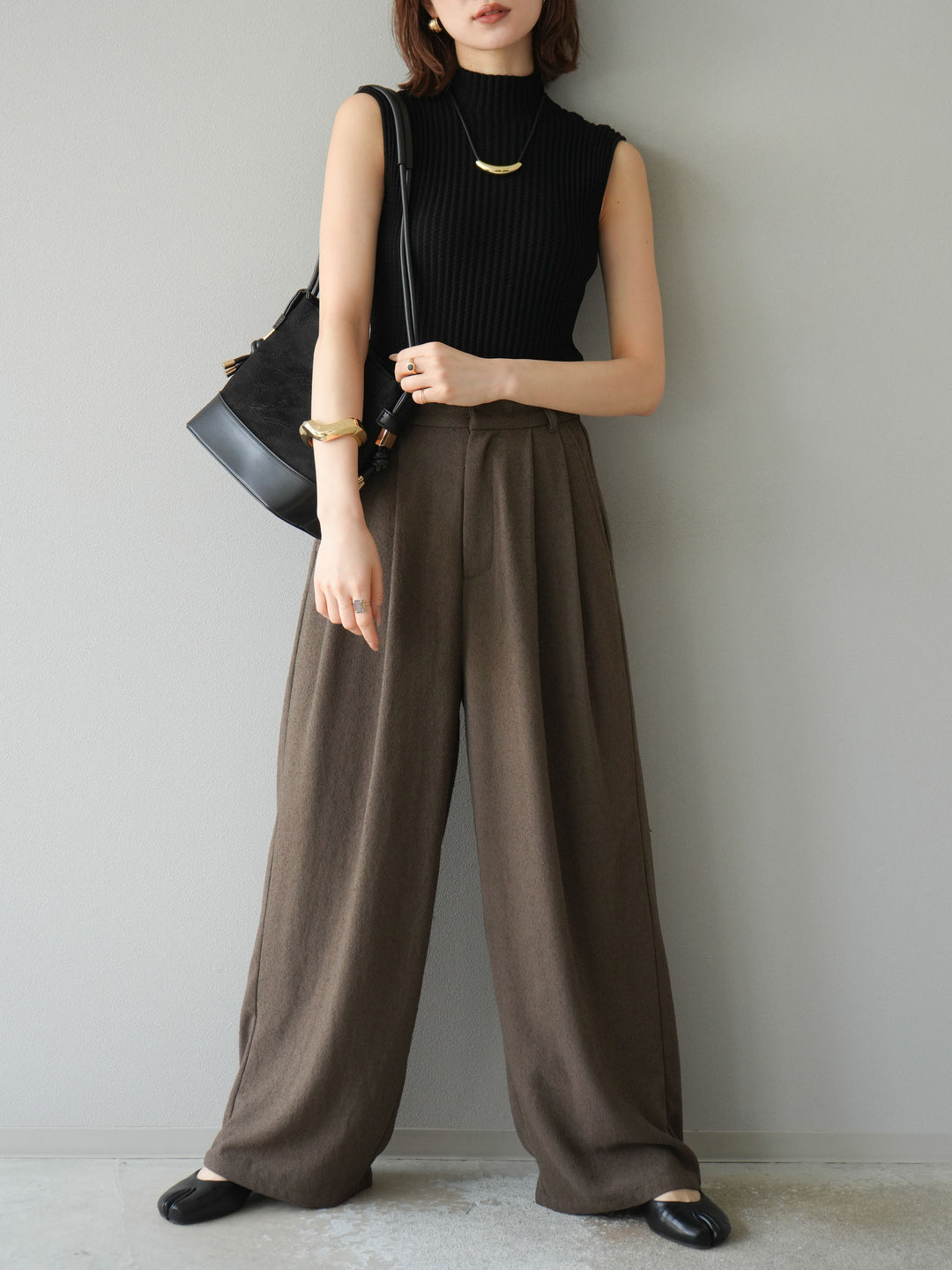 [予約]ネップワイドパンツ/ブラウン