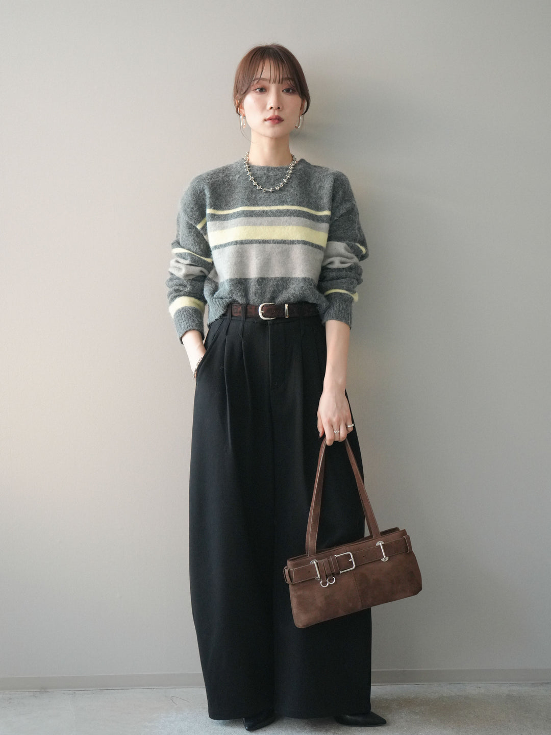 [SET]アニマル柄ベルト付きウールタッチワイドパンツ+アニマル柄ベルト付きウールタッチワイドパンツ(2set)