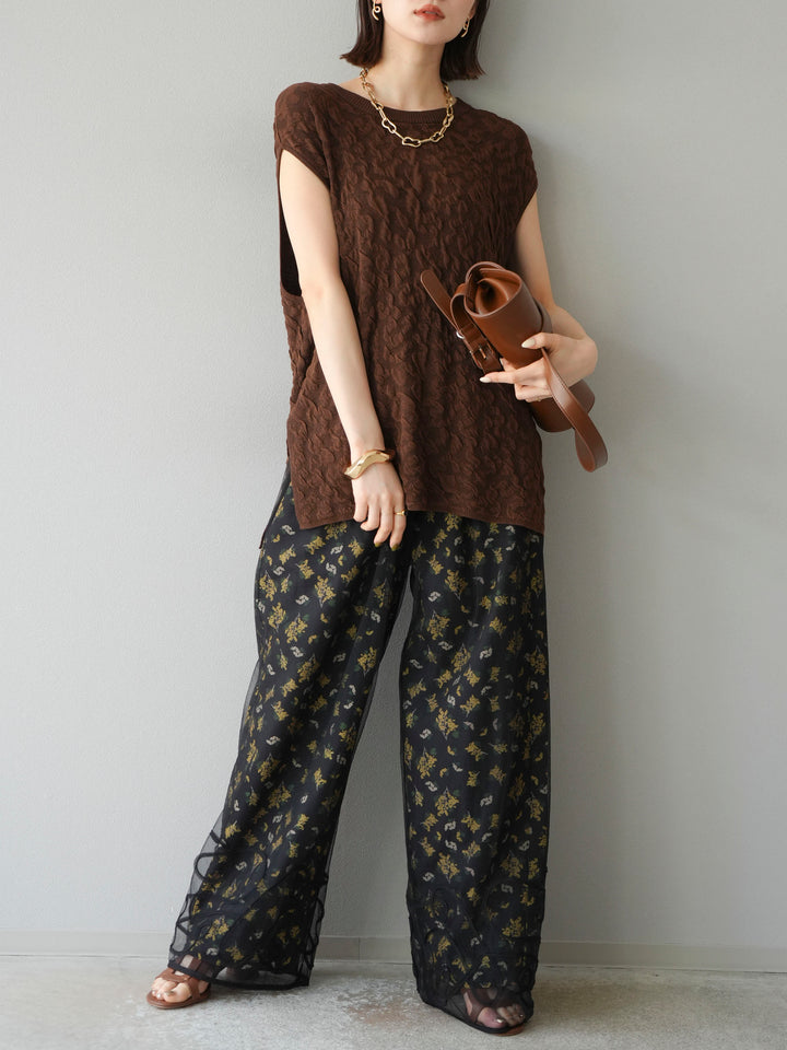 [SET]コード刺繍チュールレイヤードパンツ+ブーケプリントタックパンツ(2set)