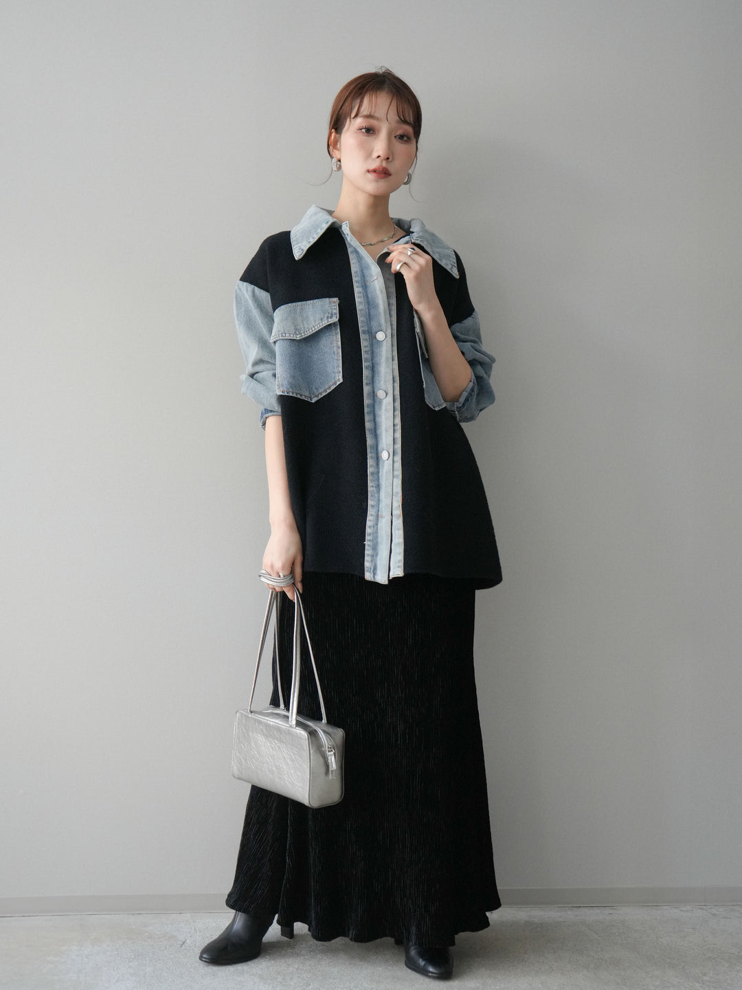 [予約]デニム襟ダブルフェイスニットカーディガン/black