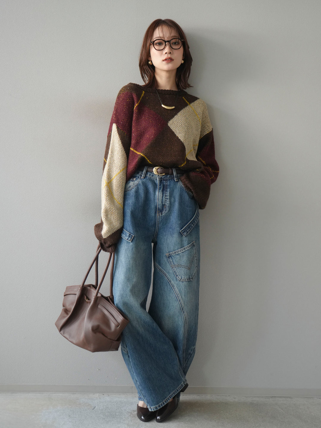 [予約]配色ステッチアーガイル柄ニットプルオーバー/brown