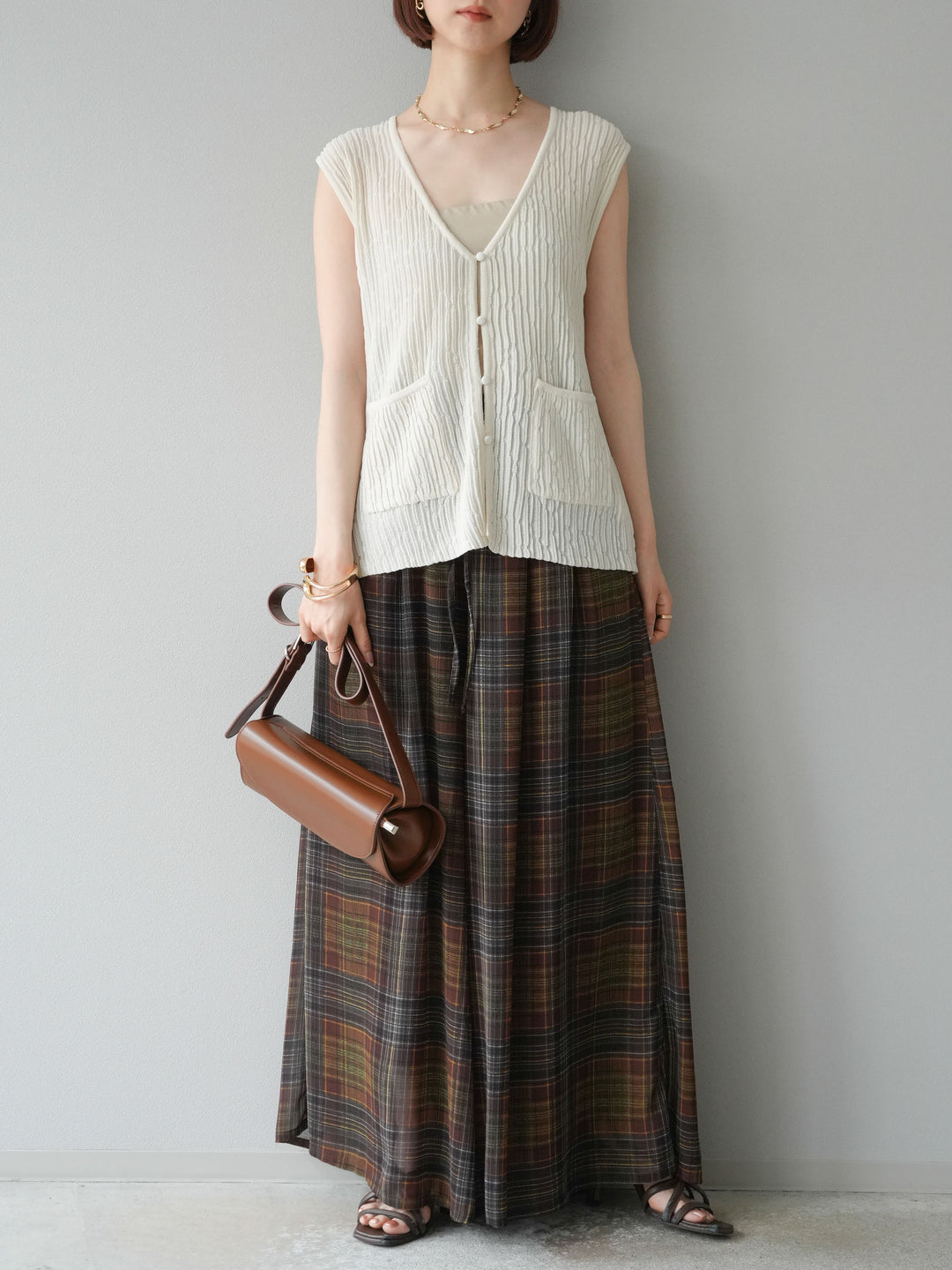 [預購] 透視格紋寬鬆褲/棕色