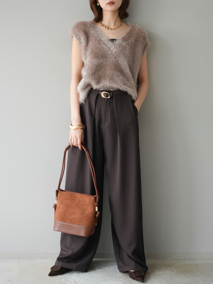 [SET]ラメシャギーVネックニットベスト+ベルトループデザインワイドパンツ(2set)