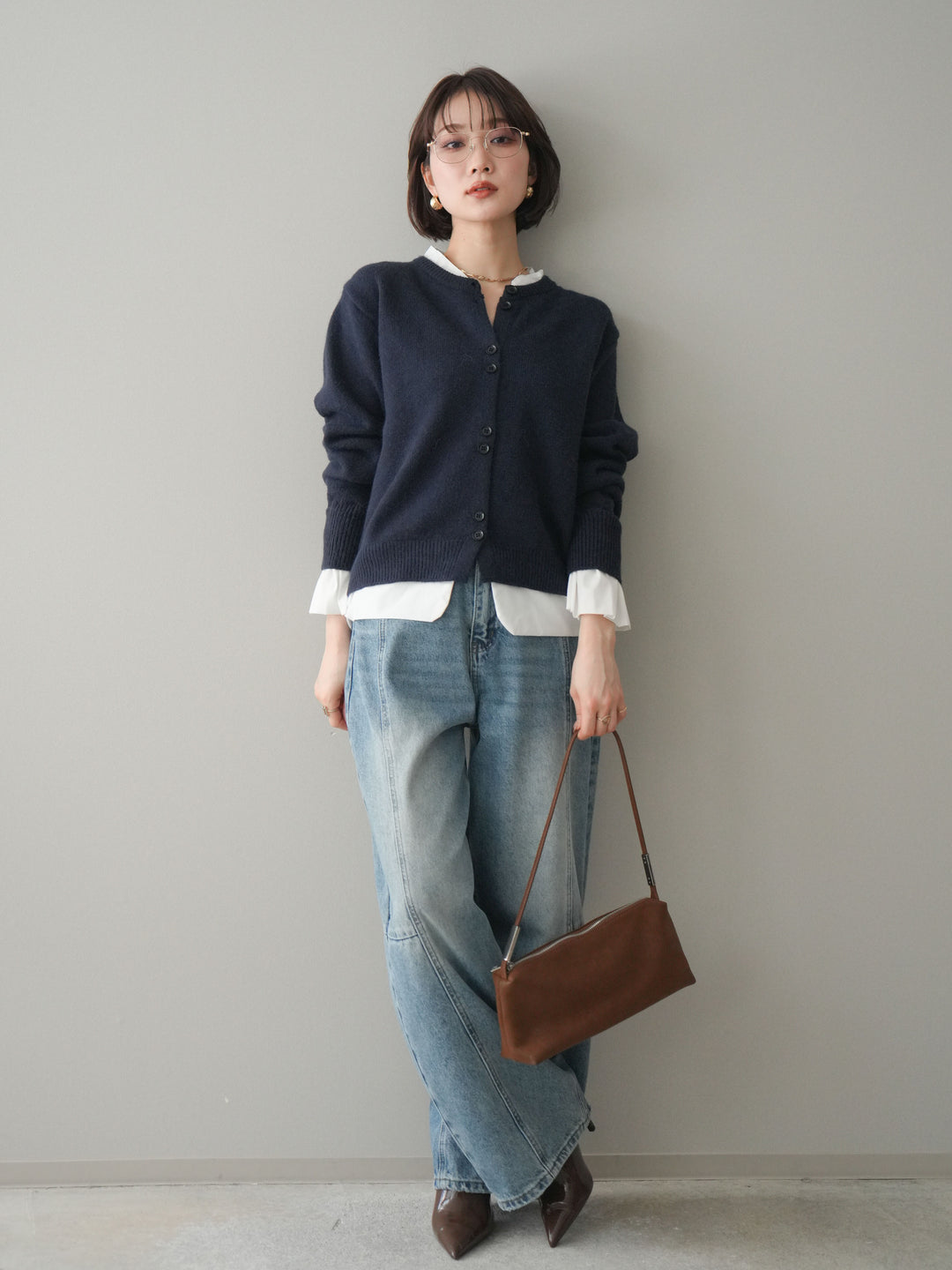 [SET]布帛ドッキングニットカーディガン+ガーメントウォッシュカーブデニムパンツ(2set)