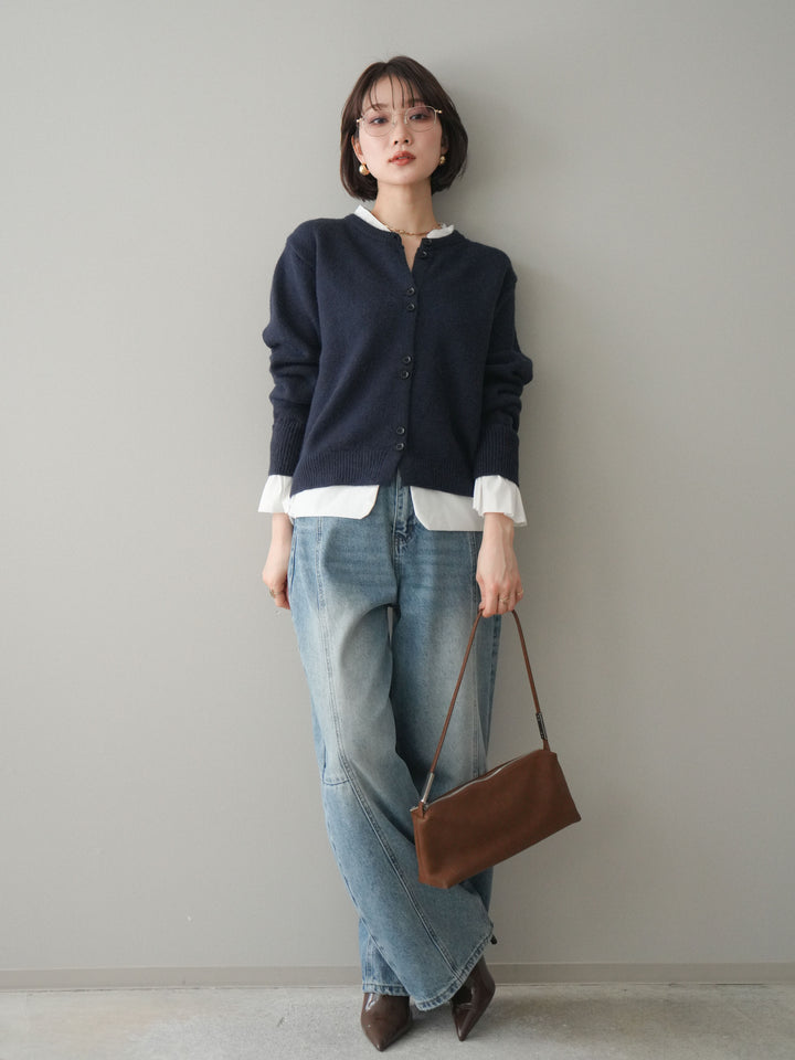 [SET]布帛ドッキングニットカーディガン+ガーメントウォッシュカーブデニムパンツ(2set)