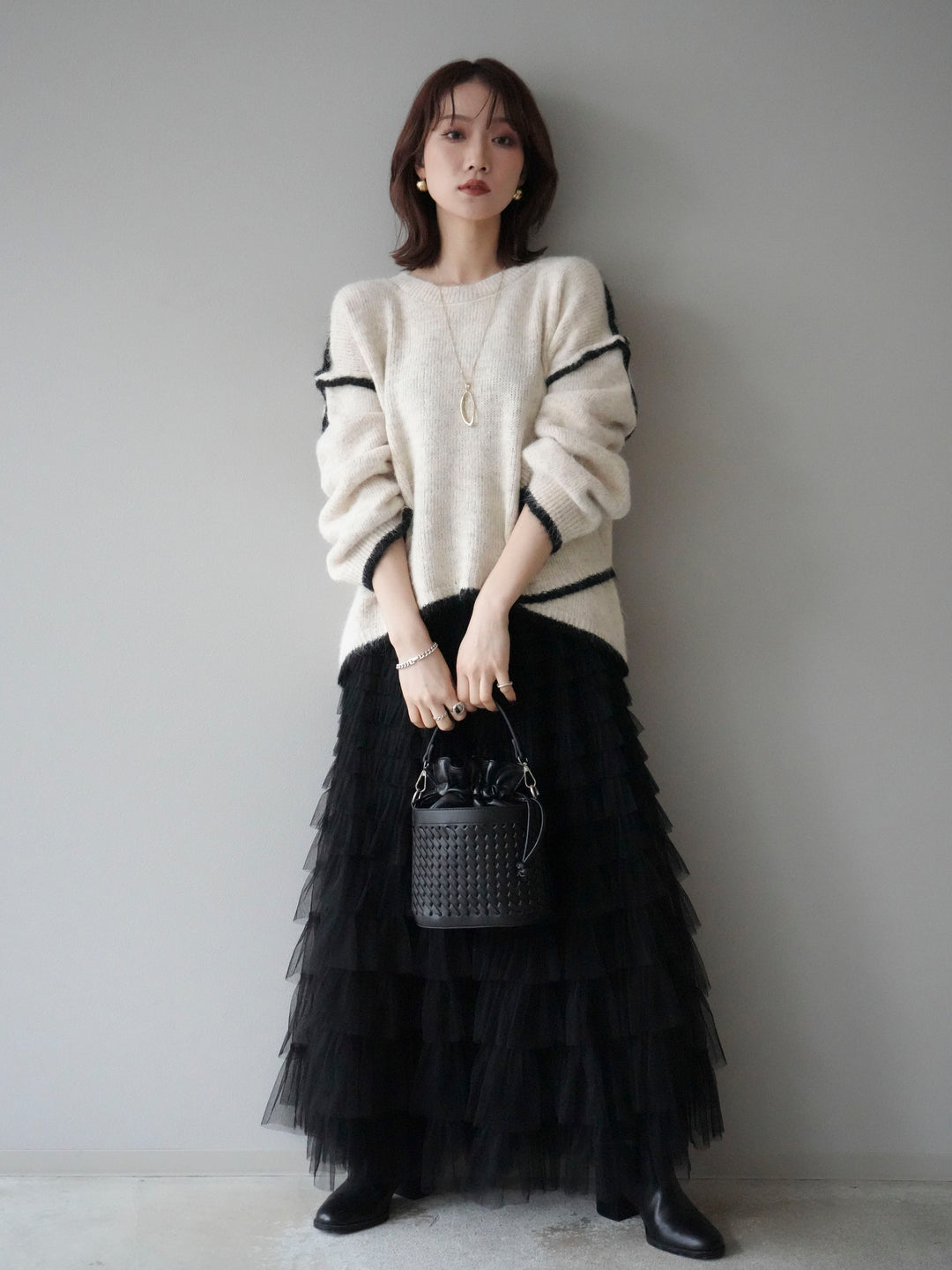 [予約]バイカラーレイヤードデザインニットプルオーバー/apricot