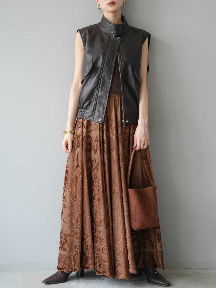 [予約]アンティーク柄フロッキーマキシスカート/ブラウン