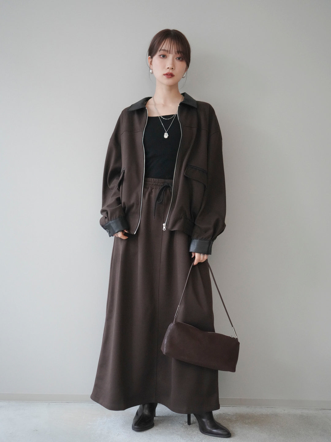 [予約]レザー襟配色パイピングブルゾン/brown