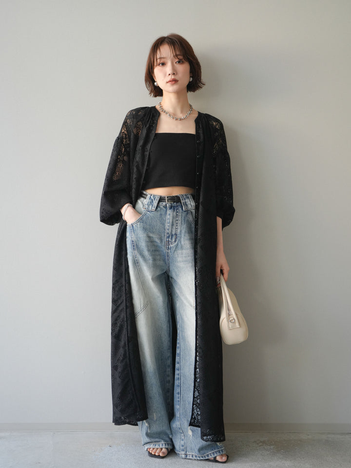 【預購】薄紗蕾絲長裙 / 黑色