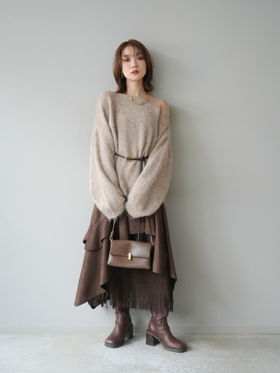 [予約]ネック透かし編みニットプルオーバー/ベージュ