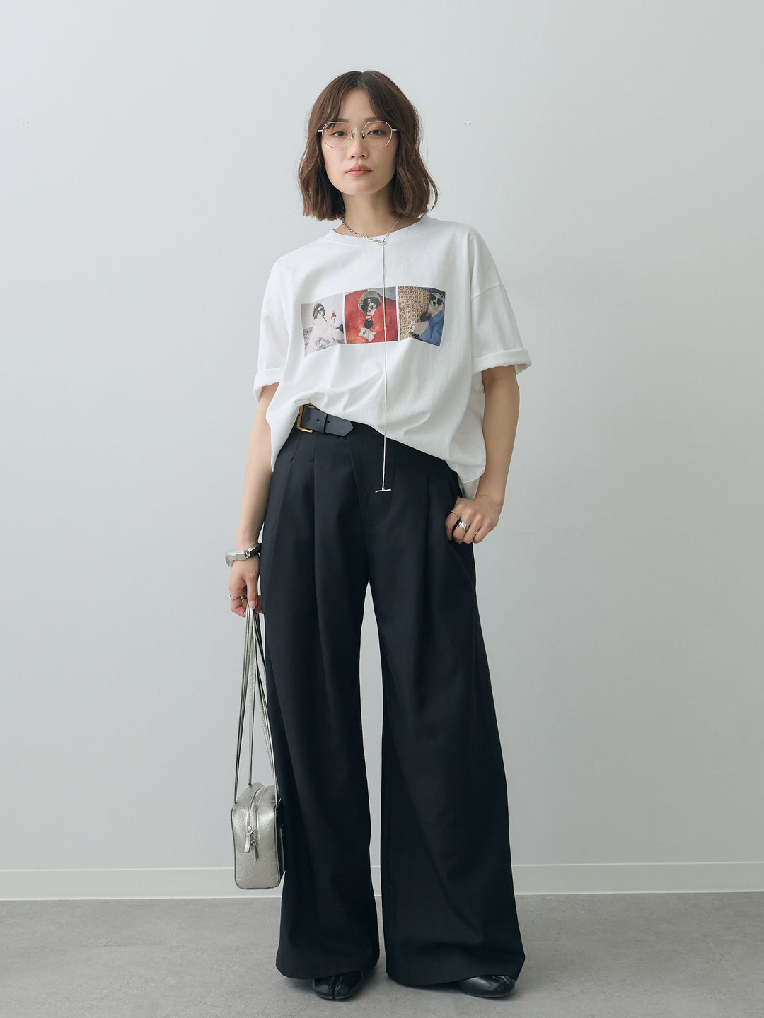 [SET]スリードッグフォトボックスTEE+アシンメトリーベルトタックワイドパンツ(2set)