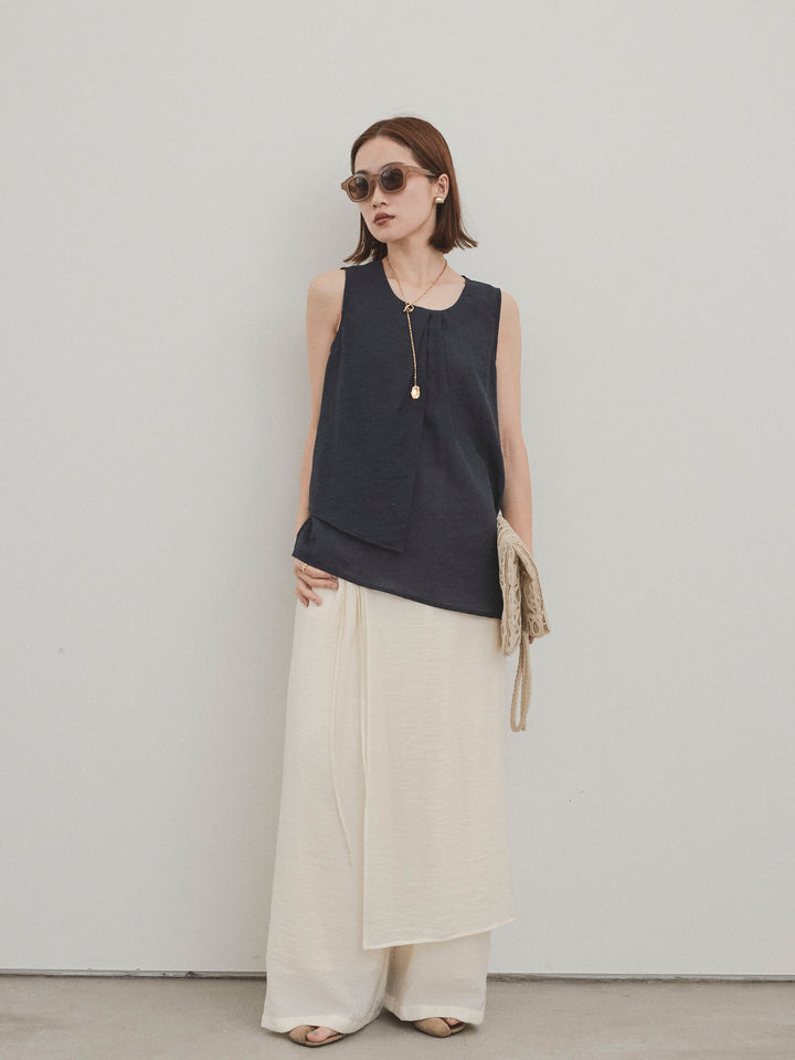 [SET]シアータックアシンメトリーブラウス+ワッシャーサテンレイヤードスカートパンツ(2set)